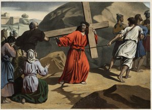 Ella subió al Calvario: Jesús cargando su cruz consuela a las hijas de Jerusalén. Grabado anónimo de mediados del siglo XIX.