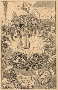 Ella permanece en medio de las llamas... Santa Rosa de Viterbo (Rosa da Viterbo) (1233-1252). Grabado de finales del siglo XIX. Colección privada de Unknown artist