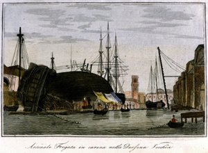Barco con el casco dañado. Fragata veneciana cuyo casco está siendo reparado en el arsenal. Grabado del siglo XIX. de Unknown artist