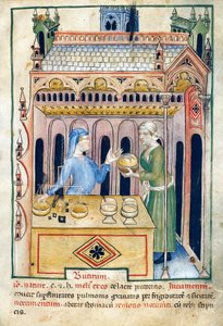 Tienda con pan de mantequilla y dos mujeres, ilustración de Tacuinum sanitatis, manuscrito iluminado, reedición latina de una obra árabe del siglo XI de Unknown artist