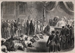 Embajadores de Siam se arrastran hacia la familia imperial francesa durante una audiencia solemne en Fontainebleau en presencia de Napoleón III y Eugenia de Montijo de Unknown artist