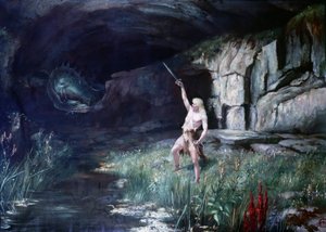 Siegfried, enfrentando al dragón Fafner, blandió su espada. Escena de la ópera 