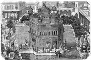 Sijismo: vista del Templo Dorado (Harmandir Sahib), el centro cultural de la religión sij, el estanque y la ciudad de Amritsar en el estado de Punjab indio (Reino de Lahore). En 