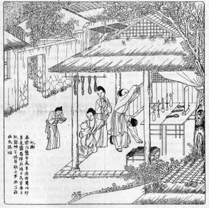 Seda y gusano de seda en China: gracias a la diosa de la seda. Grabado en "La Nature: revue des sciences et de leurs applications aux arts et a l