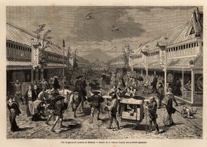 Tiendas de seda en Mitsoui, Yedo (o Edo, actual Tokio), animadas, y al fondo, la silueta del monte Fuji. Grabado para ilustrar el viaje a Japón, en 1863-1864, por Aime Humbert, ministro de la Confederación Suiza, en “Le tour du monde, nouveau journal des v