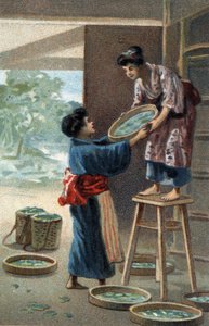 Cría de gusanos de seda en un imán japonés. Cromolitografía de finales del siglo XIX.