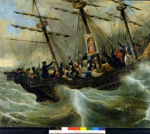 Naufragio de un barco de emigrantes suizos. Exvoto de 1856 del santuario de la Madonna del Sasso en Locarno. Pintura atribuida a Giovanni Antonio Vanoni