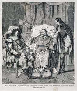 Señor, dijo Mazarino, “Le debo todo: pero pago a Su Majestad dándole a Colbert.” El cardenal Jules Mazarin (Giulio Raimondo Mazzarino o Mazarino) (1602-1661) presenta a Jean Baptiste (Jean-Baptiste) Colbert (1619-1683) a Luis XIV (1638-1715) Ilus de Unknown artist