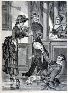 Escena de patinaje en una cervecería. Un niño cae y rompe los platos que llevaba (1883). de Unknown artist