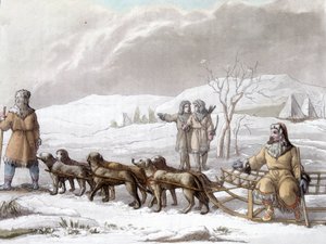 Trineo de los kamtschadales tirado por perros, Siberia. Dibujo de Gallina f. Biblioteca de artes decorativas de París. “El traje antiguo y moderno” de Unknown artist