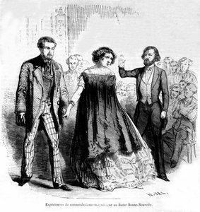 Experiencias de sonambulismo: magnetismo e hipnosis en el Bazaar de la Bonne-Nouvelle, grabado de 1885. de Unknown artist