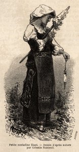 Pequeña campesina de los alrededores de Roma, hilando lana con su huso. Grabado para ilustrar el viaje a Roma, por Francis Wey, en 1864-1870, publicado en “Le tour du monde” 1870-1871, editado por Edouard Charton, edición Hachette, París de Unknown artist