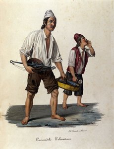 Pequeños oficios de la calle: vendedores de peces ambulantes. Sicilia, grabado del siglo XIX de Unknown artist