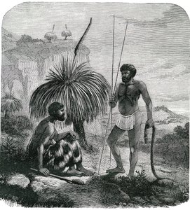 Cazadores de serpientes en Australia. Grabado 1868 de Unknown artist