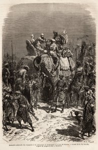 Reunión solemne y saludo sobre el lomo de un elefante, entre el equipo de viajeros y el Maharajá de Chutterpore, en la feria de Kajraha. Grabado para ilustrar el viaje en India de los Rajás, por Louis Rousselet, en 1864-1868, publicado en "Le tour du monde de Unknown artist