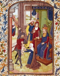 El juicio de Salomón. Dos mujeres pretenden ser la madre del mismo niño. Miniatura de un manuscrito del siglo XV. Biblioteca de la Universidad de Coimbra de Unknown artist