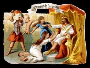 El juicio de Salomón con la madre sacrificándose para salvar a su hijo. Cromolitografía del siglo XIX