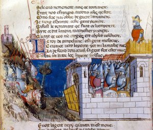 Cantar de gesta: un ejército se prepara para atacar al ejército enemigo refugiado en un castillo y protegido por el puente levadizo. Miniatura del manuscrito franco-italiano 