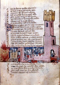 Cantar de gesta: escena de combate cerca de una ciudad fortificada (probablemente la conquista de España por el ejército de Carlomagno). Miniatura del manuscrito franco-italiano 