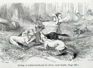 Sophie y el lobo - en "Las desventuras de Sophie" por la Condesa de Ségur, Hachette de Unknown artist