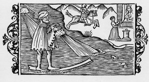 Hechicero cruzando el mar por medio de un sortilegio - en "Historia de Gentibus Septentrionalibus" de Olaus Magnus, Roma 1555 de Unknown artist