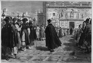 España 1880: las fiestas de Santiago de Compostela, la procesión de los peregrinos a la entrada de la Basílica de Unknown artist