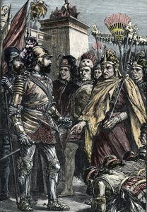 Conquista española de México:encuentro entre Hernán Cortés y Moctezuma II en 1519