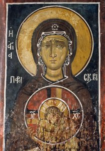 Santa Paraskevi, personificación del Viernes Santo sosteniendo un icono de Cristo de la Suprema Humildad, fresco (1332-1333), iglesia bizantina de Nuestra Señora de Asinou (siglo XII) (Lista del Patrimonio Mundial de la Unesco, 2001) Montañas Troodos, Chip de Unknown artist