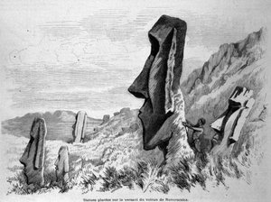 Estatuas colocadas en la ladera del volcán de Ronoraraka en la Isla de Pascua (Rapa Nui). Grabado 1871. de Unknown artist