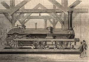 Modelo de locomotora de vapor, sistema Crampton llamado Thomas Russell Crampton (1816-1888). Grabado de 1856