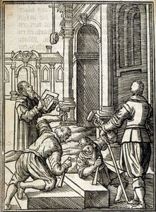 Cortadores de piedra trabajando en la construcción de una catedral - grabado de Unknown artist