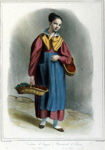 Vendedora de fresas. Grabado de "Costumi milanesi di Locarno (Traje milanés de Locarno)" de Unknown artist