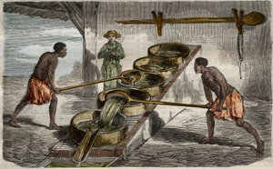 Fabricación de azúcar: calderas para cocer el jugo de la caña de azúcar en una azucarera de las Antillas. Grabado de 1859 en "Le Musee Des Sciences". de Unknown Artist