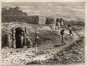Azufre - Una mina de azufre en Girgenti, Sicilia - grabado en 
