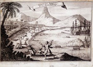 Sorpresa de los indios al desembarco de Cristóbal Colón en Guadalupe (carabelas) - grabado