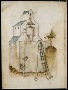 Sistemas para escalar paredes - Manuscrito: hoja de pergamino de un manual de ingeniero para la construcción de edificios civiles, religiosos y militares, anónimo, finales del siglo XV (figura en tinta china) de Unknown artist