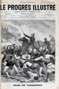 Toma de Antananarivo - Fuerzas militares francesas invaden Antananarivo 1895 - Conquista de Madagascar - captura de Tananarive por la fuerza expedicionaria francesa el 30 de septiembre de 1895 - grabado en “El Progreso ilustre” de 1895 de Unknown artist