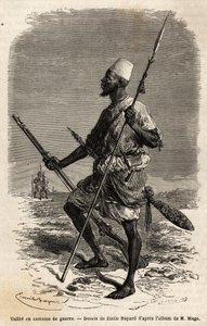 Talibe (un joven estudiante del Corán) del ejército del Rey Ahmadu (Toucouleur), en traje de guerra. Grabado para ilustrar el viaje al Sudán Occidental del Teniente (Marina) M. Mage, en 1863-1866, publicado en "Le tour du monde, nouveau journal des voyages de Unknown artist