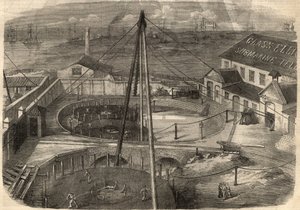 Telegrafía: El cable transatlántico producido en la fábrica de Glass, Elliot and Company en East Greenwich (Inglaterra) está listo para ser entregado. Grabado en "The Illustrated London News" del 14 de marzo. de Unknown artist