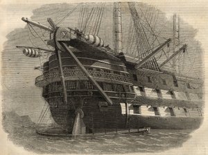 Telegrafía: vista de la popa del barco H.M.S. "Agamemnon" que colocará el primer cable transatlántico. Grabado en "The Illustrated London News" del 5 de junio. de Unknown artist