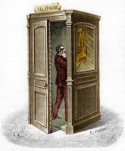 Cabina telefónica en 1888. Grabado en "El Diario de la Juventud" de Unknown artist