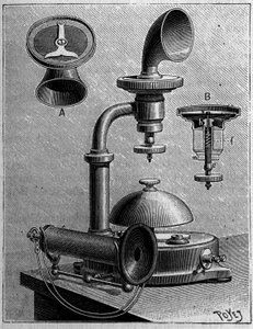 Telefonía en Suecia: modelo de un teléfono de la Compañía Ericsson. Grabado en “La Nature: revue des sciences et de leurs aplicaciones aux arts et a l