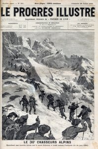Los 30 cazadores alpinos realizando una marcha forzada en el Monte Pelvoux a 3400 metros de altitud del 21 al 24 de junio de 1895 - grabado en 