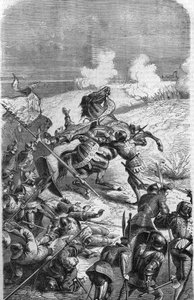 El veterano de 75 años John Talot fue reclutado para liderar una expedición de 3000 hombres, que desembarcó en Guyena el 17 de octubre de 1452. Grabado que representa la muerte de Talbot en batalla. Grabado del siglo XIX. de Unknown artist