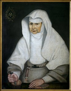 La boticaria hermana Pierrette Monnet (1557-1628), del Hotel Dieu de Beaune. Representada con un mortero y su mano de mortero. Pintura anónima, óleo sobre lienzo