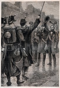 El arresto de Victor Schoelcher (1804-93) en la barricada de Saint Antoine, 4 de diciembre de 1851 - Durante la insurrección provocada por el golpe de estado de Louis Bonaparte (futuro Napoleón III) de Unknown artist