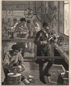El arte del torno: taller de tornero en madera. Grabado de 1885 en “Les arts et metiers illustres” de Adolphe Bitard. de Unknown artist