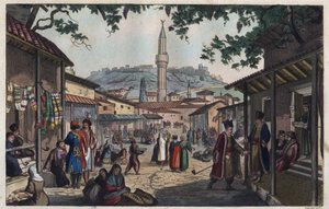 El mercado bazar de Atenas a principios del siglo XIX - grabado de “Usi e Costumi di Tutti i Popoli dell