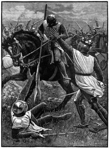La batalla de Evesham, 4 de agosto de 1265. (c1800). Evesham marcó el final de la Segunda Guerra de los Barones. Las fuerzas realistas dirigidas por el príncipe Eduardo (Eduardo I) derrotaron a Simón de Montfort (c1208-1265), que fue asesinado en la batall de Unknown artist
