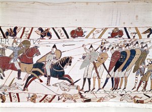 La batalla de Hastings, ganada por Guillermo I el Conquistador (1027-1087) el 14/10/1066 y durante la cual murió el rey Haroldo II de Inglaterra (1022-1066). Tapiz de Bayeux, conocido como Bordado de la Reina Matilde. de Unknown artist